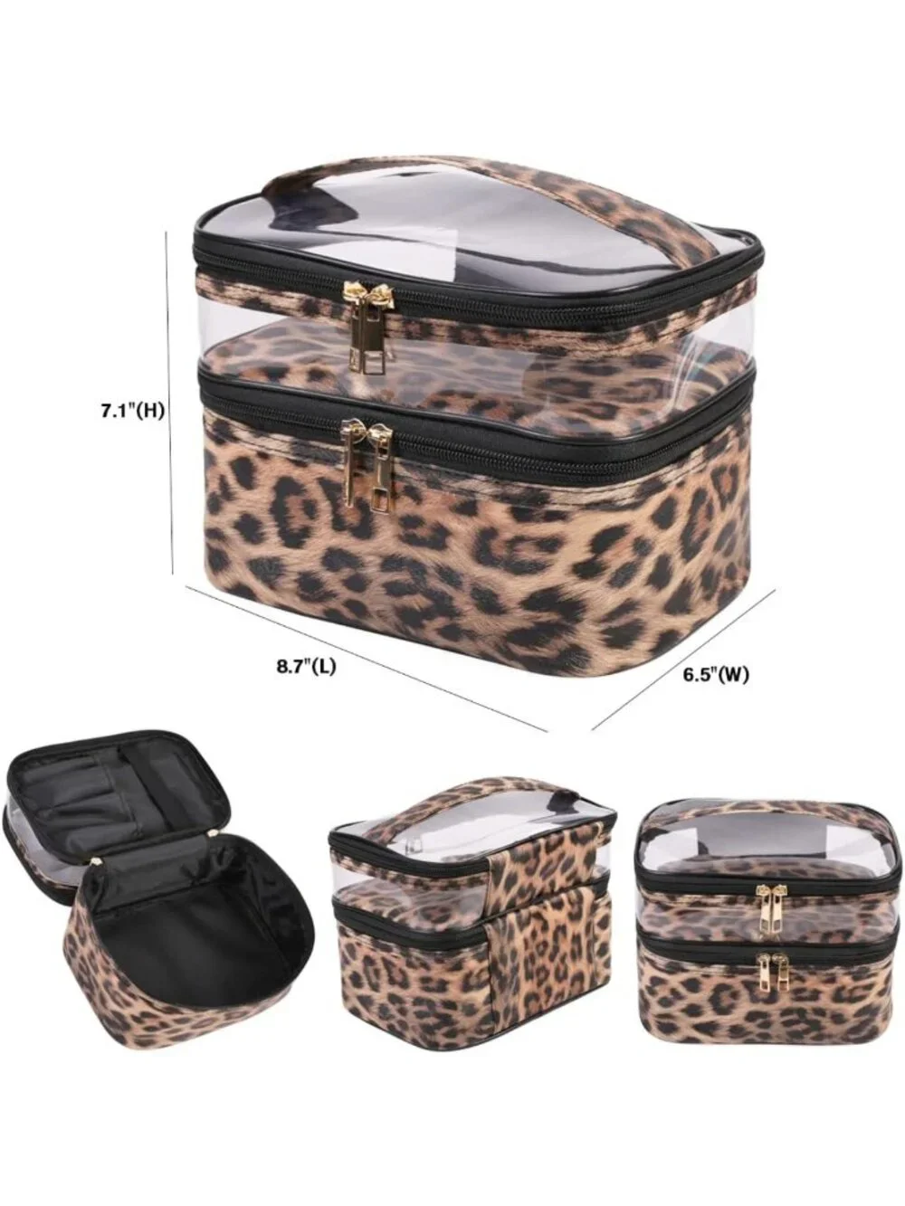 3-Piece Leopard Makeup Bag Set - Double Layer Travel Organizer, Waterproof